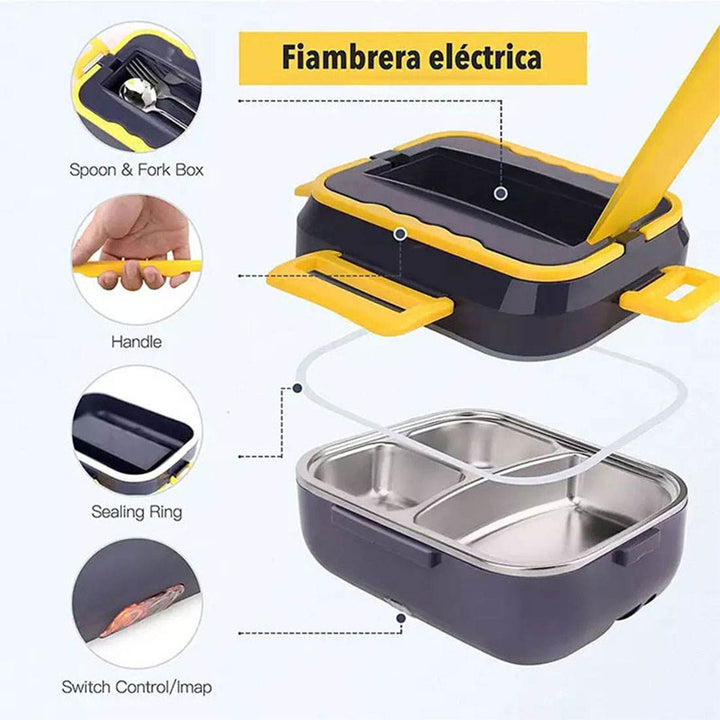 Fiambrera eléctrica portátil con calentador, recipiente de acero inox con bolsa de aislamiento